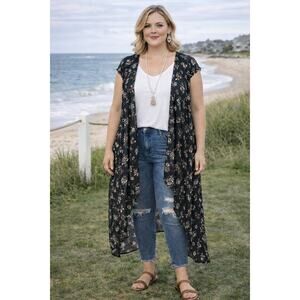 Dainty Floral Print Kimono Open Waterfall Front Flowy Boho Chic Duster Sz: L